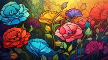  A Painting Of A Bunch Of Colorful Flowers On A Blue, Yellow, Red, And Orange Background With Leaves And Flowers On The Bottom Right Side Of The Image.  Generative Ai