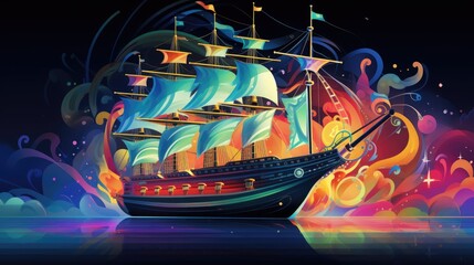 Wall Mural -  a painting of a ship in the middle of a body of water with a lot of smoke coming out of it and a lot of smoke coming out of it.  generative ai