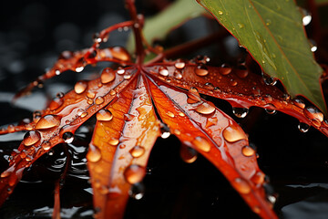 Poster - A spider web adorned with rain-soaked fall leaves, harmonizing with the seasonal colors.  