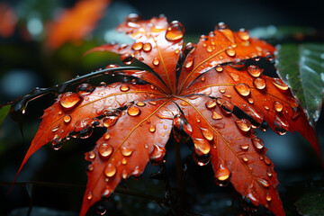 Leinwandbilder - A spider web adorned with rain-soaked fall leaves, harmonizing with the seasonal colors. 