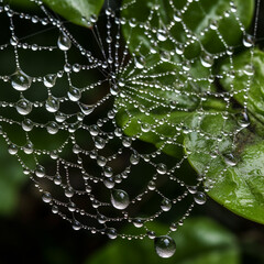 Poster - A spider web covered in a myriad of dewdrops, enhancing the complexity of its construction.