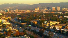 Aerial Lockdown Beautiful View Of City And Mountains During Sunny Day - Culver City, California