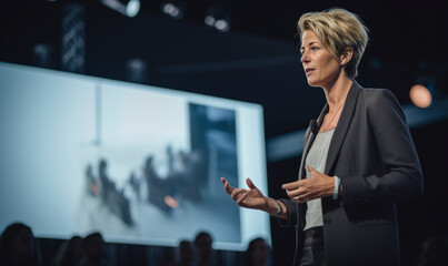 business woman on stage at conference holding a presentation of a new product, speaker having a lect