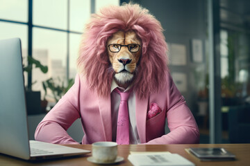 Aufkleber - A man wearing a pink suit with a lion head on his head. This unique and eye-catching image can be used for various purposes.