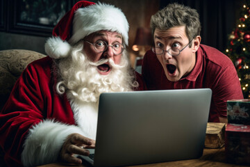 Aufkleber - Two men dressed in Santa Claus costumes are seen looking at a laptop screen. This image can be used to depict colleagues or friends working together during the festive season.
