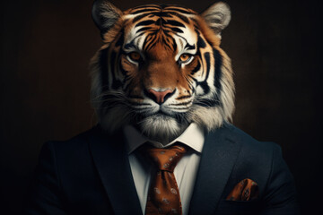 Poster - A picture of a tiger dressed in a formal suit and tie. Suitable for business, fashion, or creative concepts