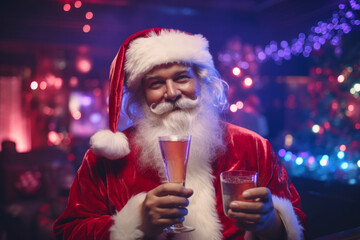 Canvas Print - A festive image of a man dressed as Santa Claus holding a glass of wine. Perfect for holiday-themed designs and promotions.