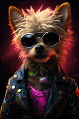 Aufkleber - A picture of a dog wearing sunglasses and a leather jacket. This image can be used to depict a cool and stylish pet or to add a fun and playful element to any design