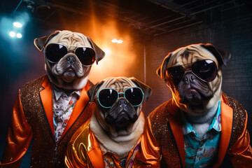 Poster - Two pugs dressed up in costumes and sunglasses, perfect for pet lovers and humorous designs