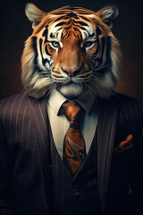 Aufkleber - A picture of a tiger dressed in a suit and tie. This image can be used to depict an animal in a formal or professional setting