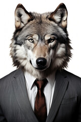 Poster - A picture of a wolf dressed in a formal suit and tie. This image can be used to represent professionalism, business, or a unique and unexpected twist on traditional attire