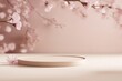 3D background, beige podium display. Sakura pink flower tree branch. Cosmetic or beauty product promotion step floral pedestal. Abstract minimal advertise. 3D render copy space spring, Generative AI