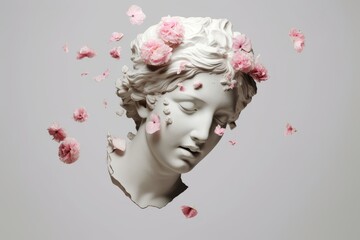 3D Ancient woman Statue, white broken stone. Greek,roman goodness style. Head sculpture pink flowers bouquet on gray background. Nature, Peonies, falling petals. Feminine beauty abstract,Generative AI