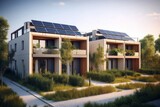 Fototapeta Londyn - Modern eco-friendly multifamily homes with photovoltaic cells. Generative AI