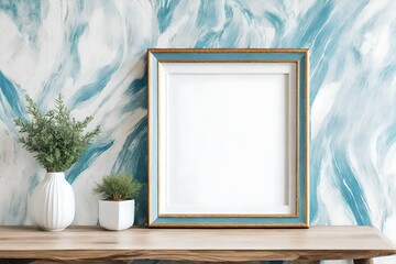 Wall Mural - vintage frame template in minimal interior , light blue wallpaper