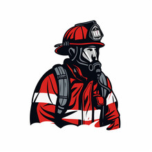 Clip Art Illustration Of A Male Firefighter Complete With Fire Prevention Clothing. Isolated On White Background.