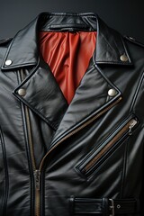 Canvas Print - A black leather jacket with red lining, AI