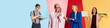 © master1305 - Set of different young people, men and women, employees, students studying and working against multicolored background. Concept of business, education, freelance jobs, employment, occupation, emotions