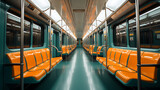 Fototapeta Londyn - The empty interior of an underground train, in the style of light navy and yellow, bold color choices, environmental awareness, light orange and yellow.