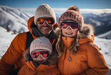 Family ski vacation. Group of young skiers in the Alps mountains. Mother and children skiing in winter. Parents teach kids alpine downhill skiing. Ski gear and eye wear, safe helmets