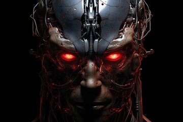 Fototapete - Scary cyborg face that will end the humanity, devil like, with empty copy space Generative AI 