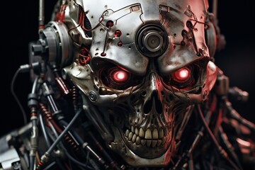Fototapete - Scary cyborg face that will end the humanity, devil like, with empty copy space Generative AI 