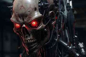 Fototapete - Scary cyborg face that will end the humanity, devil like, with empty copy space Generative AI 
