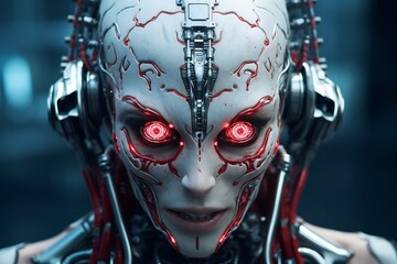 Fototapete - Scary cyborg face that will end the humanity, devil like, with empty copy space Generative AI 