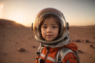 Portrait of a small child astronaut putting on a spacesuit in the planet Mars, copy space