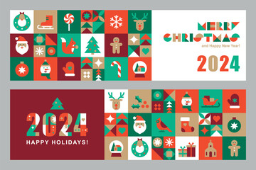 set of horizontal banners with christmas and new year icons in abstract modern geometric flat style.