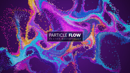 Wall Mural - Colorful gradient dots randomly flowing and swirling in liquid stream. Chaotic motion of small colorful circles. Abstract dynamic particles background for banner, flyer, poster. Vector Illustration
