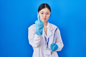 Poster - Chinese young woman working at scientist laboratory showing middle finger, impolite and rude fuck off expression