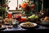 Fototapeta Na drzwi - Festive table setting, family dinner table with plenty of food.