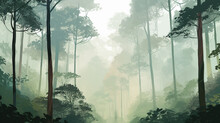 Tall Trees And A Rainforest Shrouded In Mist.
