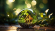 © jr-art - A small house in a glass ball on a wooden table. In the background are blurred green tree leaves. Eco concept