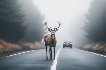 Deer standing on the road near the forest on a misty, foggy morning. Road hazards, wildlife and transport