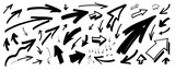 Fototapeta Boho - Vector hand-drawn arrow icon set. Grunge marker line scribbles. Handmade curve brush strokes. Sketch direction shapes, marks. Pen hand drawn illustration. Black artistic punk style graphic elements