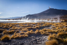 View of Sol de Manana, a geothermal area with volcanic activity and geysers, boiling mud pools, Bolivia.