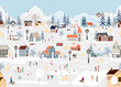 © Anchalee - Seamless pattern Winter landscape,Celebrating Christmas and New Year 2024  in village at night with happy people playing ice skate in the park,Vector horizontal banner winter wonderland in countryside