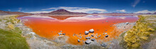 Panoramic View Of Laguna Colorada, A Shallow Salt Lake In The Southwest Of The Altiplano Of Bolivia, Within Eduardo Avaroa Andean Fauna National Reserve And Close To The Border With Chile.