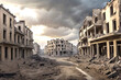 Horrible war scene empty city with destroyed houses