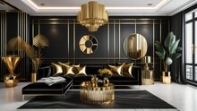 Black Velvet Tufted Sofas And Yellow Leather Chair In Classic Room With Black Walls. Art Deco Interior Design Of Modern Living Room