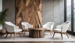 © Marko - Four white armchairs near natural wood live edge coffee table against wall with stone paneling decor. Minimalist home interior design of modern living room