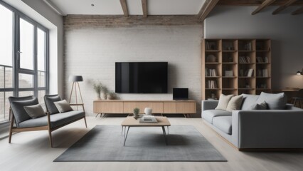 Gray sofa and tv unit in loft interior design of modern living room