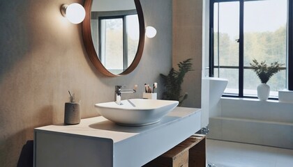 Wall-mounted vanity with white ceramic vessel sink. Interior design of modern scandinavian bathroom