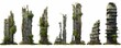 collection of ruined skyscrapers, tall overgrown post-apocalyptic buildings isolated on white background, Generative AI