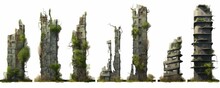 Collection Of Ruined Skyscrapers, Tall Overgrown Post-apocalyptic Buildings Isolated On White Background, Generative AI