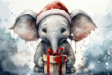 Watercolor Drawing Of An Elephant In A Santa Claus Hat With A Gift Box.