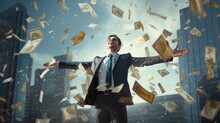 Businessman Raises His Arms And Stands Under Money Rain, A Lot Of Dollar Banknotes Falling On Smiling Man Facing Success, Concept Of Success And Wealth.