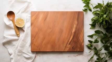 Wall Mural - Top view of Wood cutting board with linen napkin and plant on marble table with copy space 